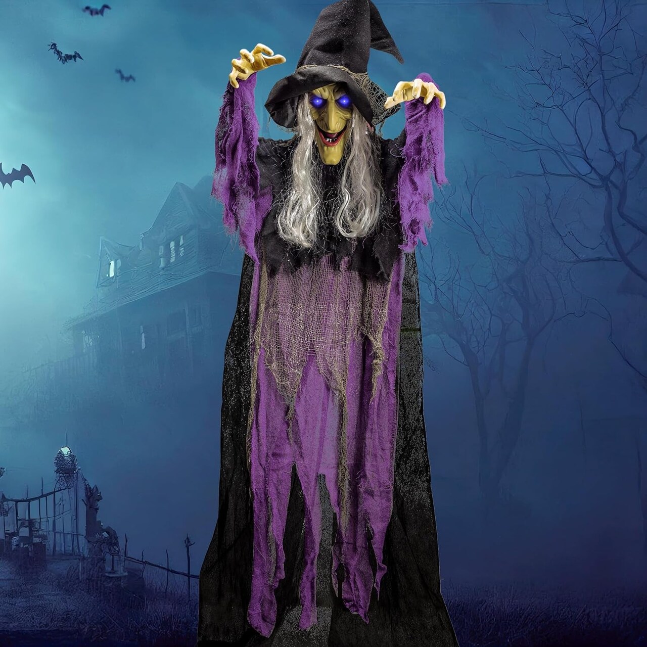 72” Halloween Hanging Flying Witch Animatronic Purple, Talking Animated Witch Light up Eyes Sound Activated, Halloween Decorations outside Indoor Animatronics Haunted House